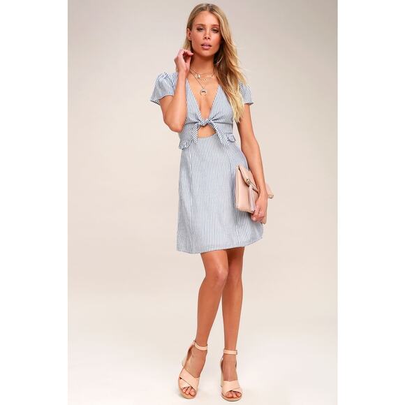 Lulus Seaport Blue & White Stripe Tie Front 100% Rayon Mini Dress - S - Picture 2 of 10
